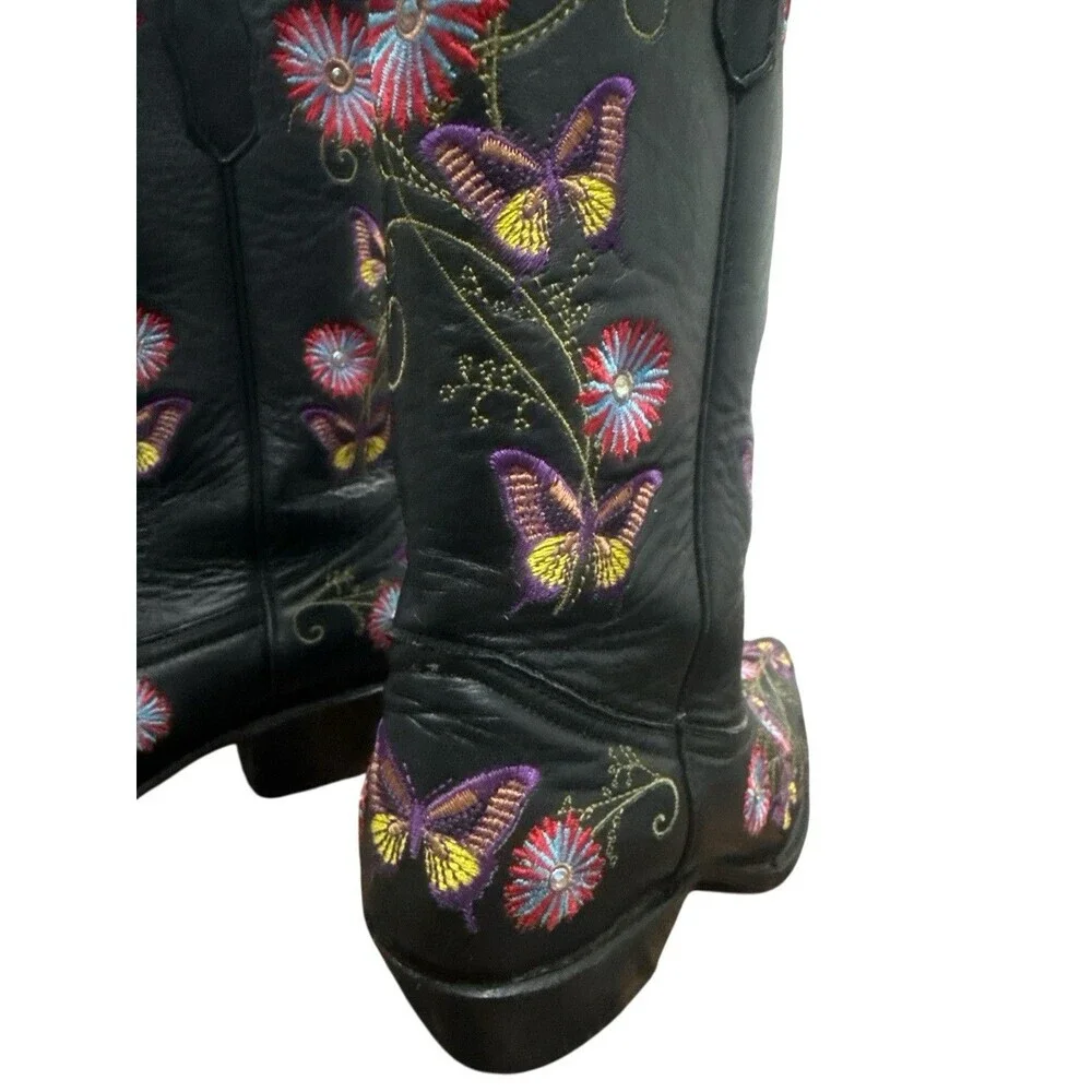 Cowboy Pro Black Leather Western Boots Floral Butterfly Embroidered Handmade 6.5